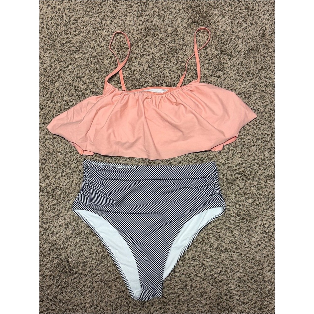 Light pink Bikini ruffle top with black Stripe High-Waist Bottoms size L
